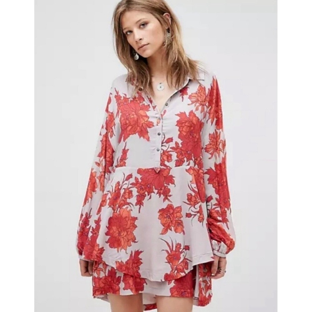 Free People Floral Mini Dress XS Red‎ Gray Boho Long Sleeve Drawstring